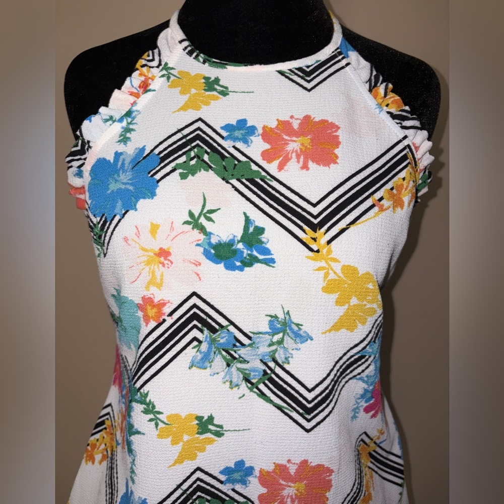 Candie's Floral Chevron Tank Top - White, Blue, Black and Yellow - Picture 4 of 8
